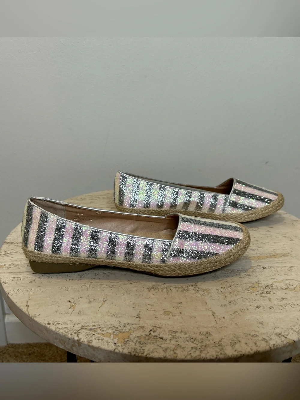 Joan Boyce Glitter Striped Espadrille Flats in Silver and Beige Size 8.5W